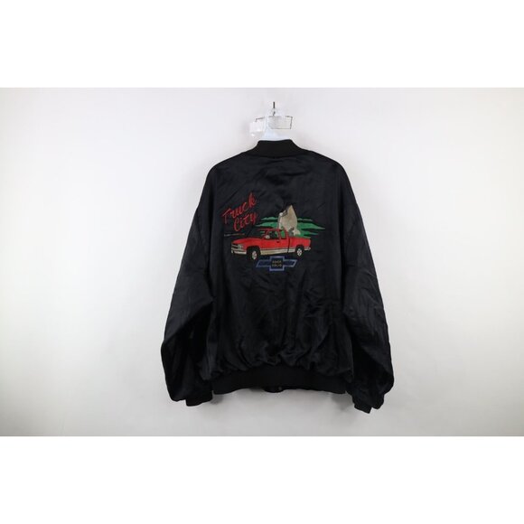 Vtg 80s Mens XL Truck City Flint Chevrolet Lined Satin Bomber Jacket Black USA